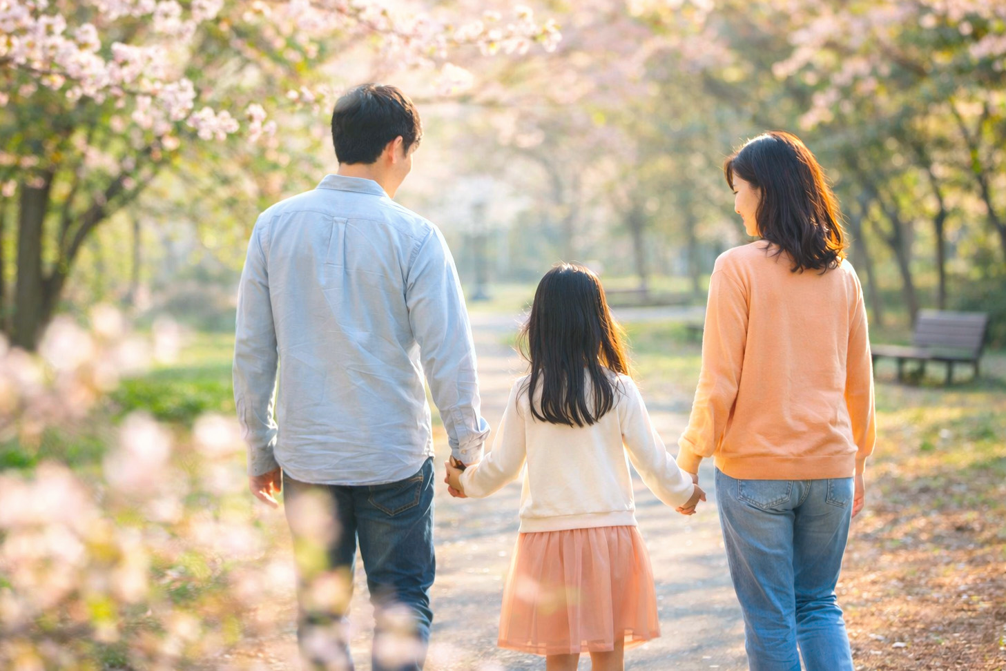 春の公園で手をつないで歩く家族のイメージ写真